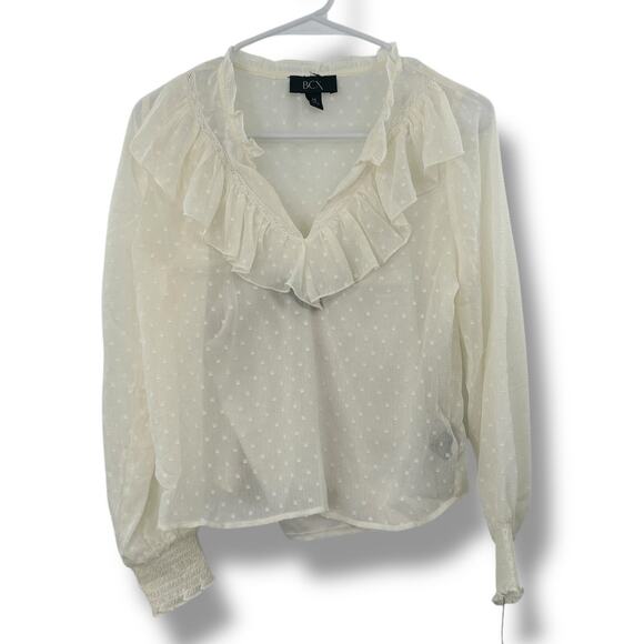 NEW BCX Ivory Blouse Size XS Swiss Dot Ruched Top Boho Office Smocked NWT - Picture 4 of 10